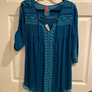 Johnny Was beautiful teal embroidered tunic, NWT!